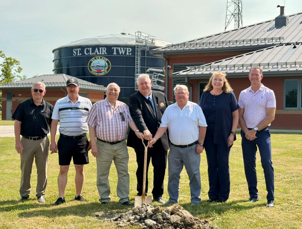 (From left): St. Clair Township CAO John Rodey, Coun. Pat Brown, MPP Bob Bailey, Mayor Jeff Agar, Dep. Mayor Steve Miller, MP Marilyn Gladu, Director of Public Works, Brian Black.